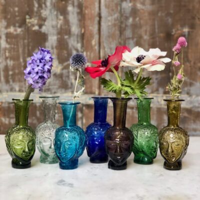 vase-tête-vase-shaped-like-a-head-in olive-transparent-turquoise-blue-purple-green-yellow